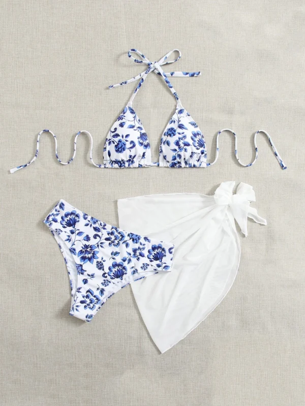 Pack de 3 vestidos de playa y bikini de triángulo halter con estampado floral