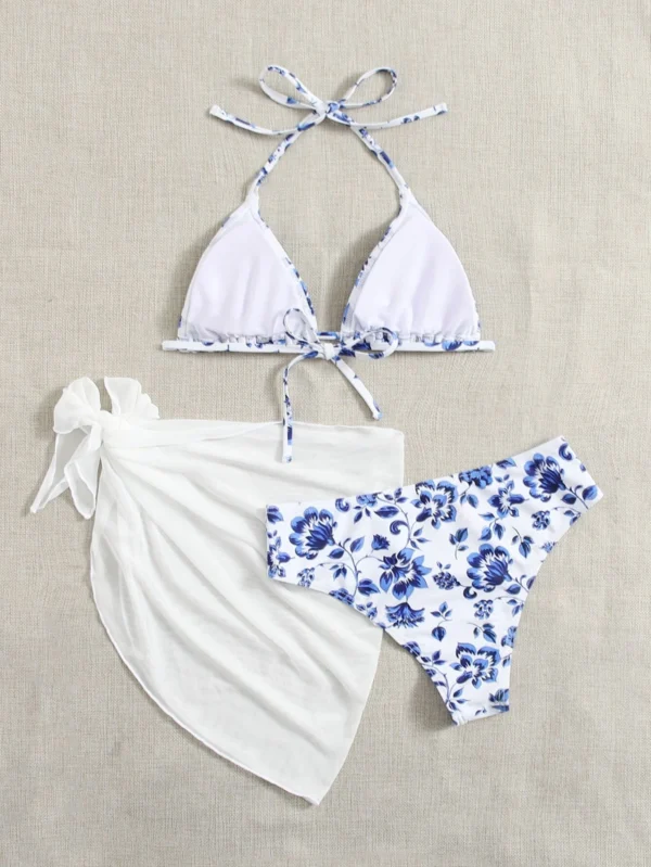Pack de 3 vestidos de playa y bikini de triángulo halter con estampado floral - Imagen 5
