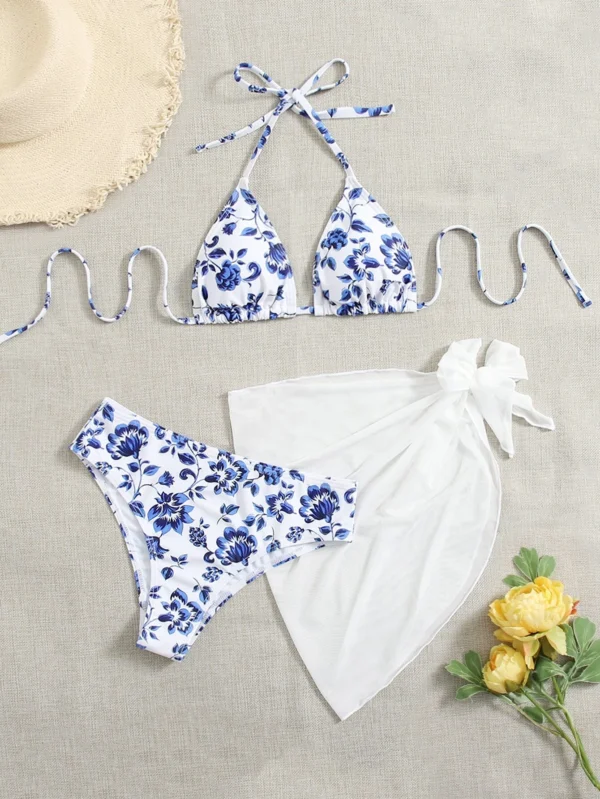 Pack de 3 vestidos de playa y bikini de triángulo halter con estampado floral - Imagen 3