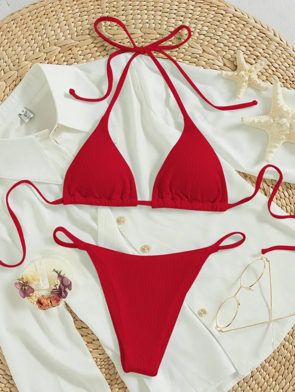 Bañador bikini triángulo halter de canalé con cordón trasero - Imagen 2