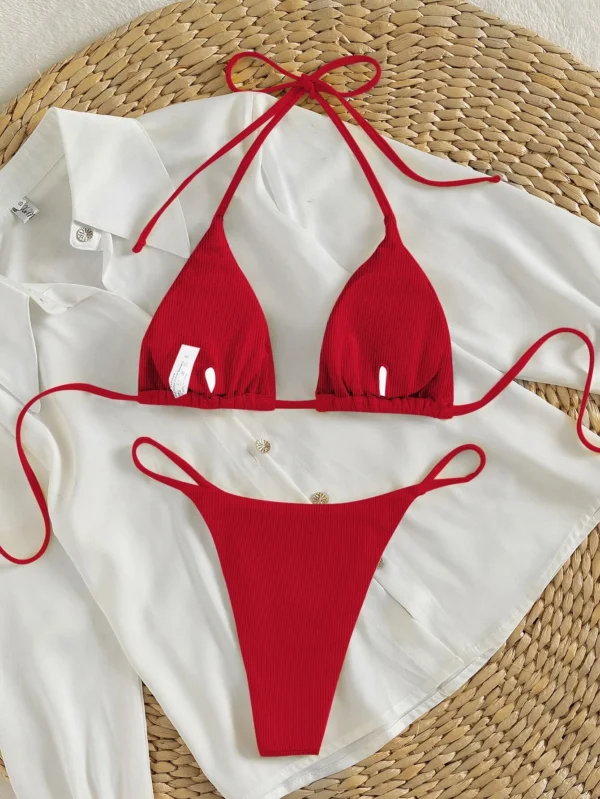 Bañador bikini triángulo halter de canalé con cordón trasero - Imagen 6