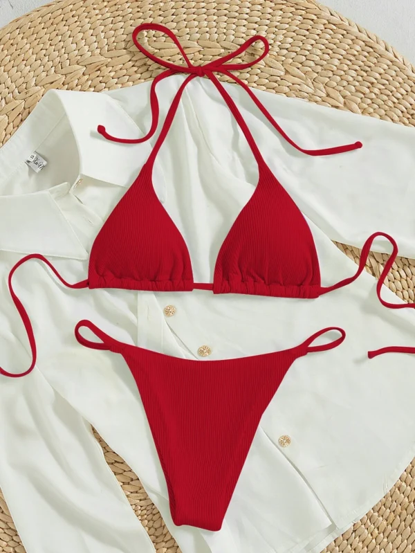 Bañador bikini triángulo halter de canalé con cordón trasero - Imagen 5