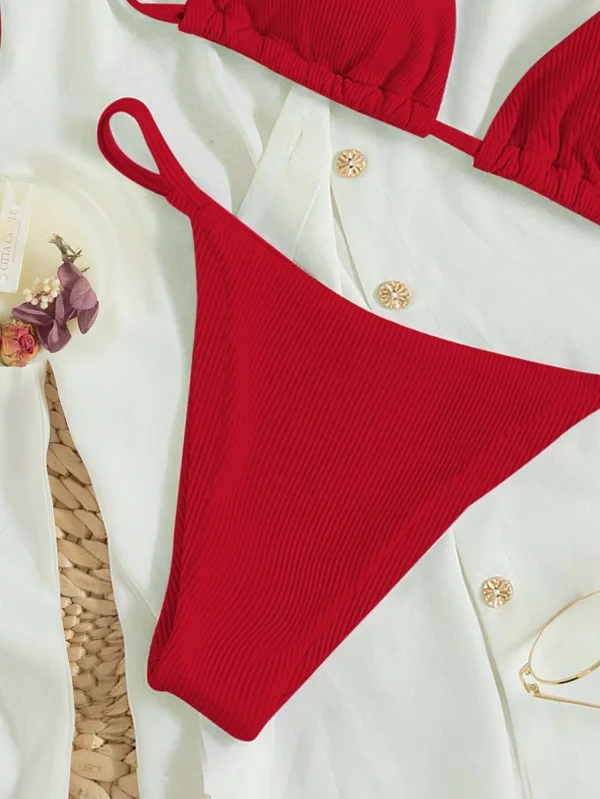 Bañador bikini triángulo halter de canalé con cordón trasero - Imagen 4