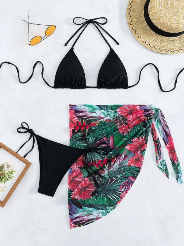 3 piezas Bañador bikini triángulo con estampado tropical & falda de playa - Imagen 7