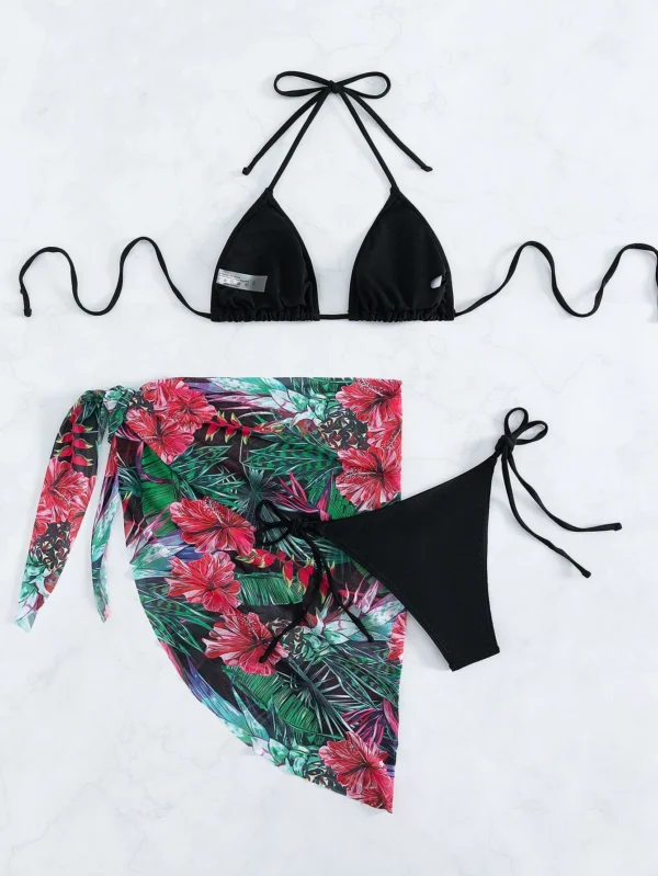 3 piezas Bañador bikini triángulo con estampado tropical & falda de playa - Imagen 6