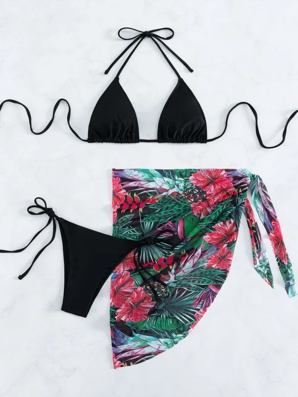 3 piezas Bañador bikini triángulo con estampado tropical & falda de playa - Imagen 3