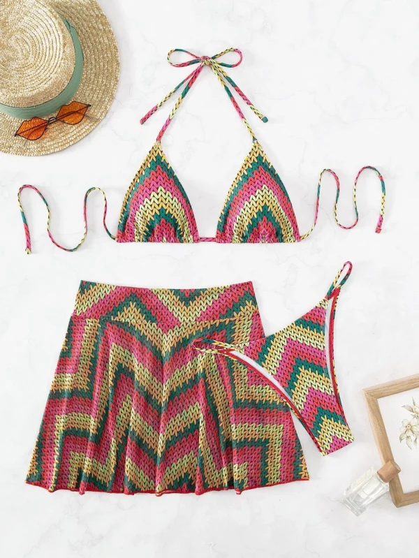 Bañador bikini triángulo halter con estampado de cheurón con falda de playa - Imagen 5