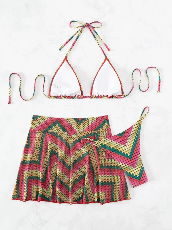 Bañador bikini triángulo halter con estampado de cheurón con falda de playa - Imagen 6