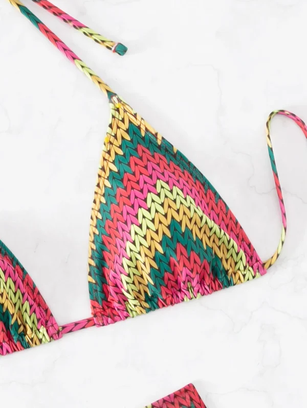 Bañador bikini triángulo halter con estampado de cheurón con falda de playa - Imagen 4