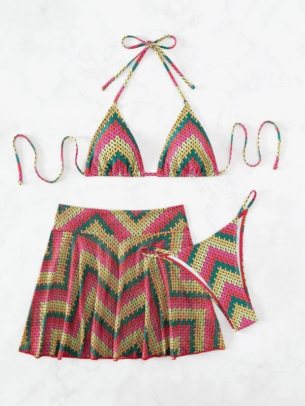 Bañador bikini triángulo halter con estampado de cheurón con falda de playa - Imagen 2