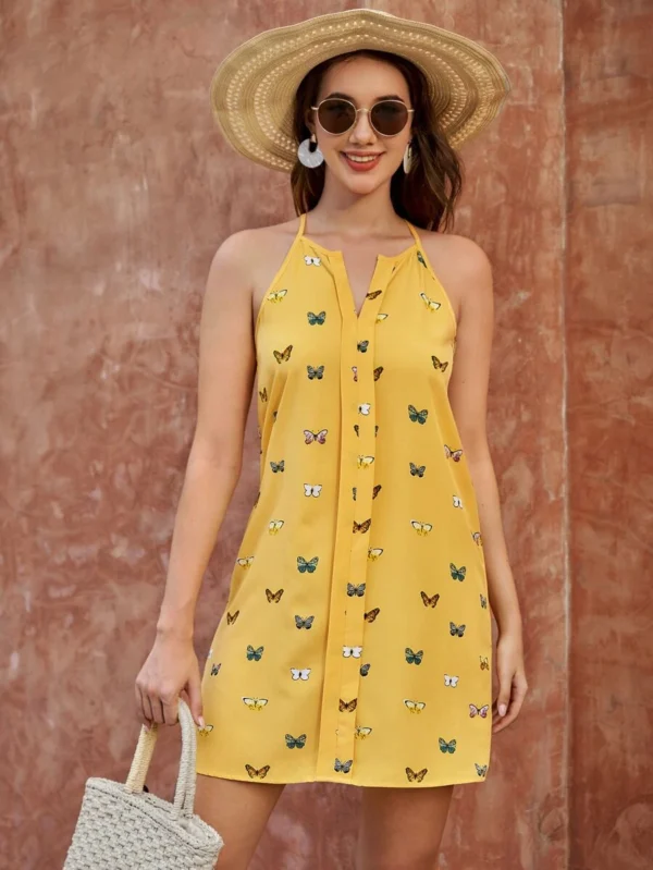 Vestido de tirantes con estampado de mariposa escote V