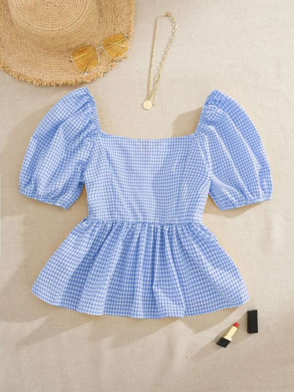 Blusa de manga farol bajo con fruncido de guingán - Imagen 3