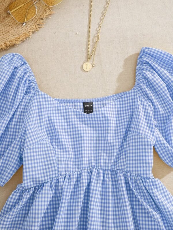 Blusa de manga farol bajo con fruncido de guingán - Imagen 2