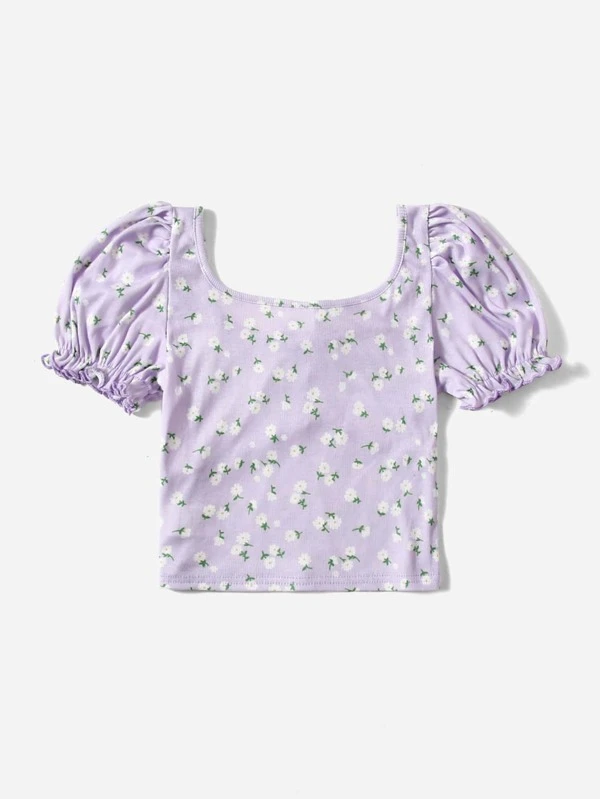 Chicas adolescentes Camiseta con estampado floral con cordón delantero tejido de canalé - Imagen 2
