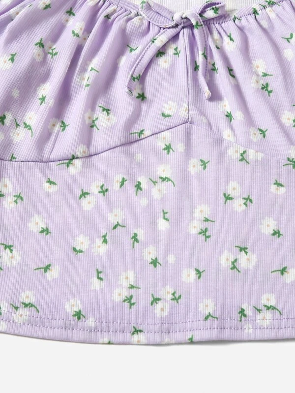 Chicas adolescentes Camiseta con estampado floral con cordón delantero tejido de canalé - Imagen 4