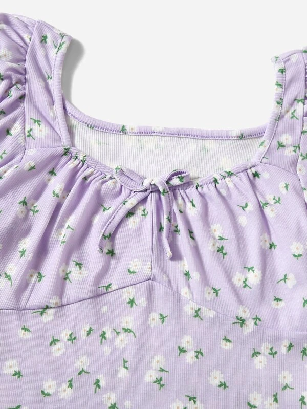 Chicas adolescentes Camiseta con estampado floral con cordón delantero tejido de canalé - Imagen 3