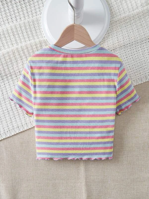 Chicas adolescentes Camiseta floral con parche de rayas ribete en forma de lechuga - Imagen 2