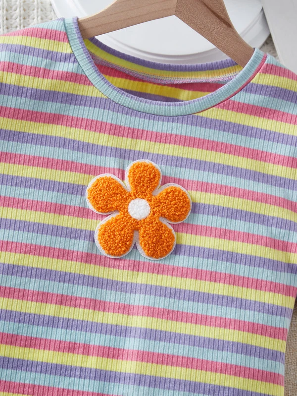 Chicas adolescentes Camiseta floral con parche de rayas ribete en forma de lechuga - Imagen 4