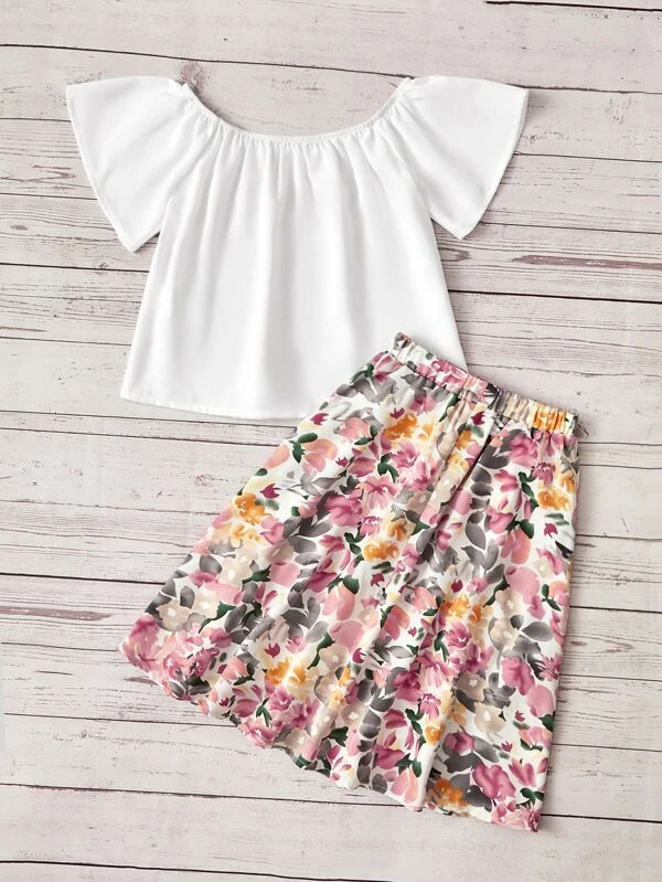 Top unicolor para niñas pequeñas y falda con dobladillo con volantes y estampado floral - Imagen 2