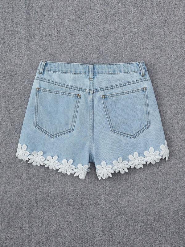Chica adolescente Shorts en mezclilla aplique con encaje - Imagen 2