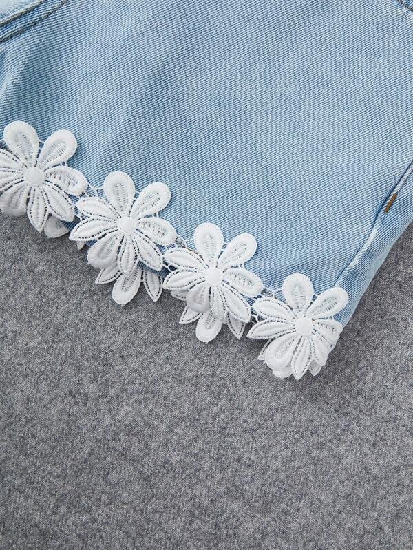 Chica adolescente Shorts en mezclilla aplique con encaje - Imagen 3