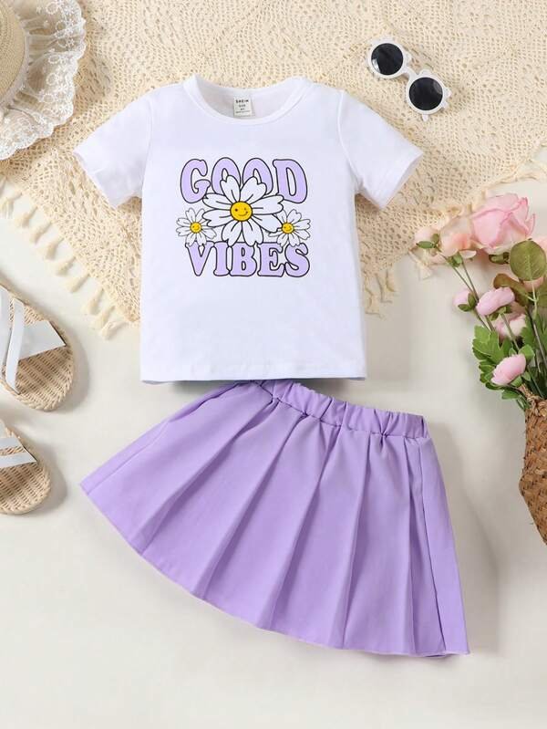 Chica Joven con estampado floral con letra Camiseta & Falda fruncido - Imagen 6