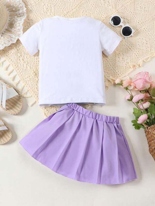 Chica Joven con estampado floral con letra Camiseta & Falda fruncido - Imagen 2