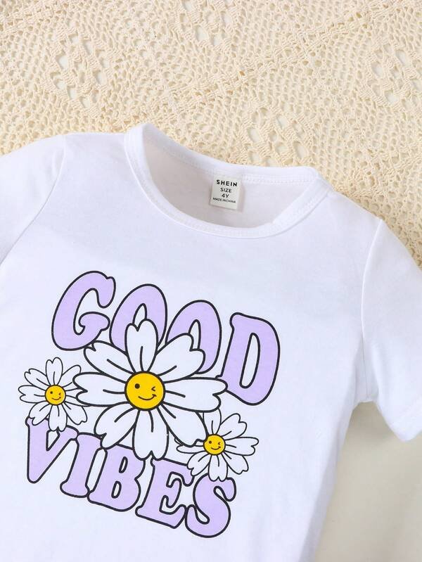 Chica Joven con estampado floral con letra Camiseta & Falda fruncido - Imagen 5