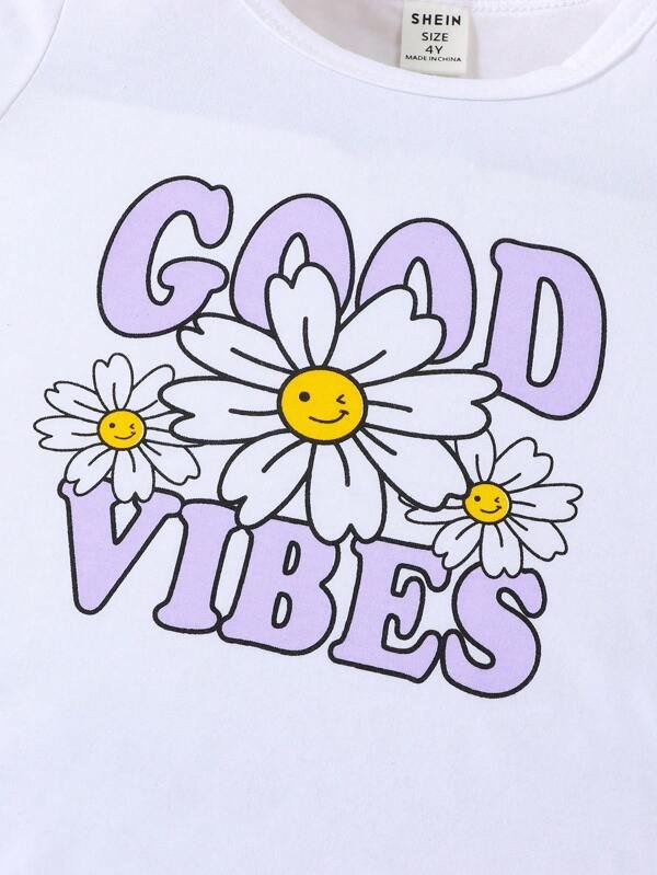 Chica Joven con estampado floral con letra Camiseta & Falda fruncido - Imagen 4