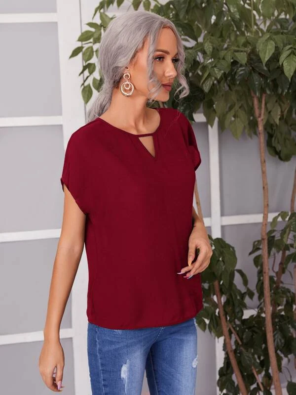 Blusa de cuello con abertura de ojo de manga murciélago - Imagen 5