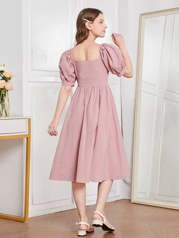 Chicas adolescentes Vestido de manga farol ribete fruncido - Imagen 2