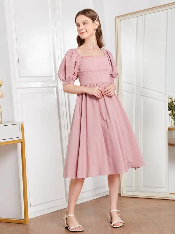 Chicas adolescentes Vestido de manga farol ribete fruncido - Imagen 4