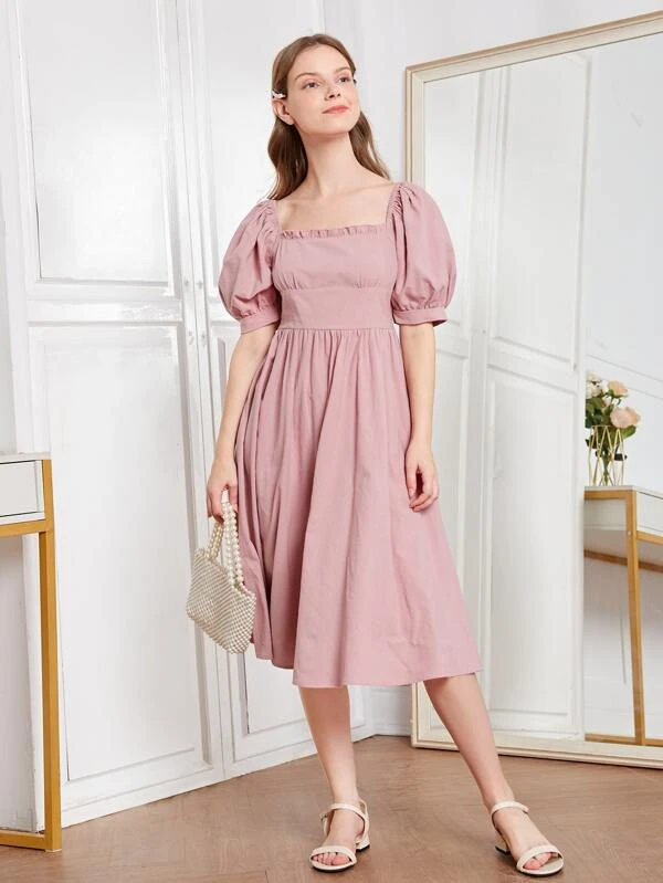 Chicas adolescentes Vestido de manga farol ribete fruncido - Imagen 3