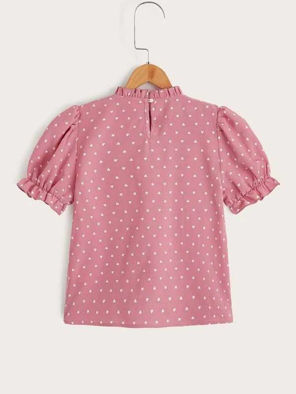 Chicas adolescentes Top con estampado de corazón fruncido de cuello alto de manga farol - Imagen 2