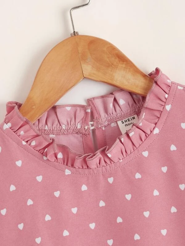 Chicas adolescentes Top con estampado de corazón fruncido de cuello alto de manga farol - Imagen 4