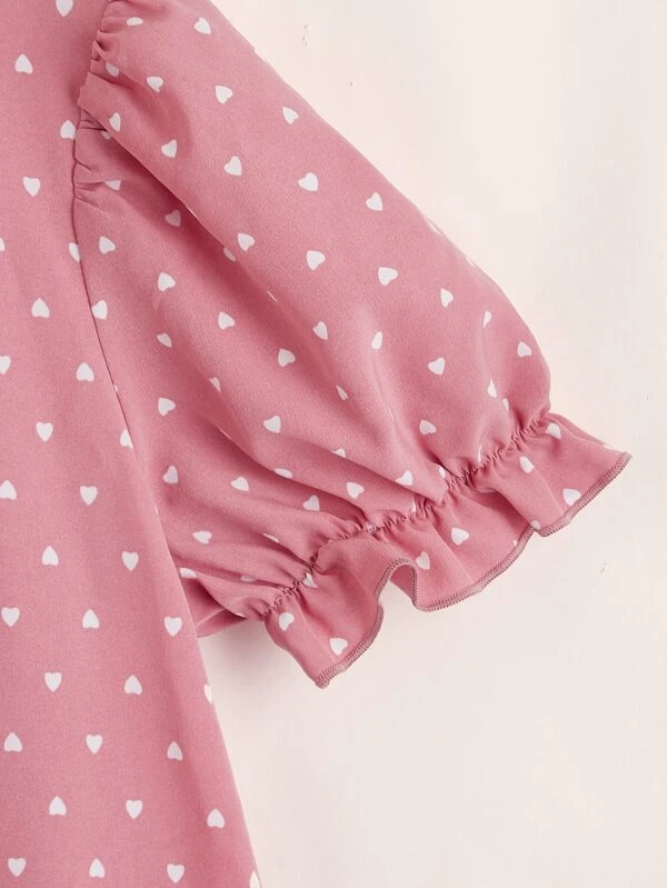 Chicas adolescentes Top con estampado de corazón fruncido de cuello alto de manga farol - Imagen 3