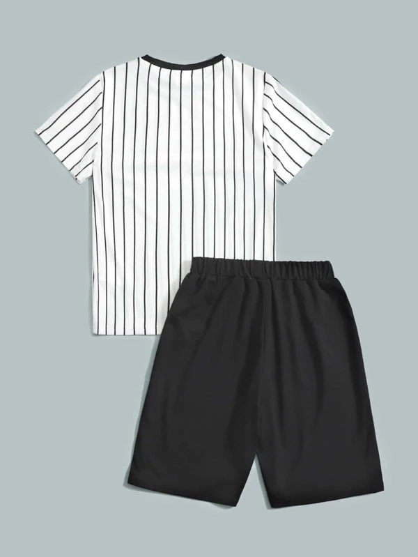 Niños Shorts con camiseta con estampado de rayas verticales & de letra ribete en contraste - Imagen 2