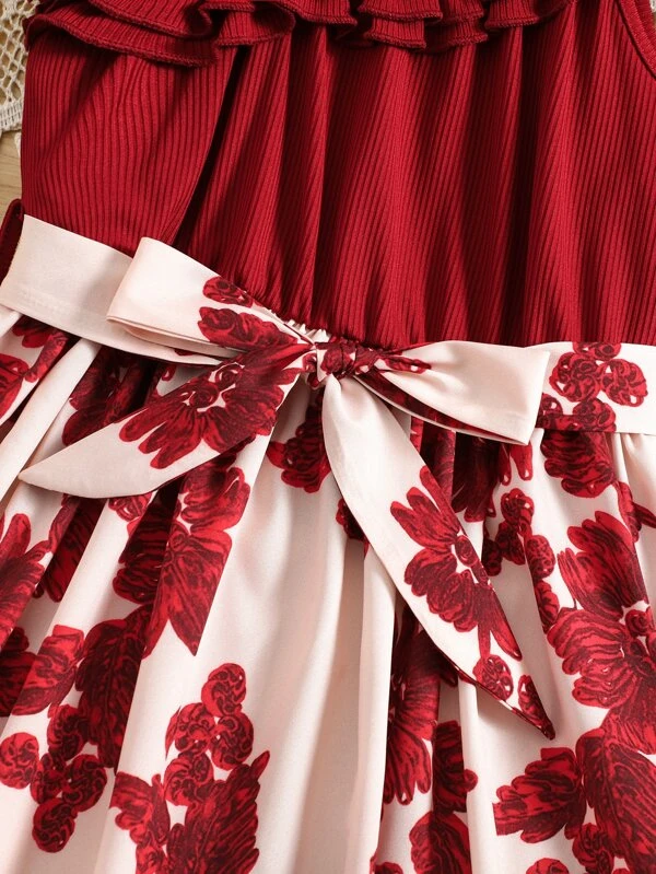 Chicas Vestido con estampado floral fruncido de cuello asimétrico - Imagen 4