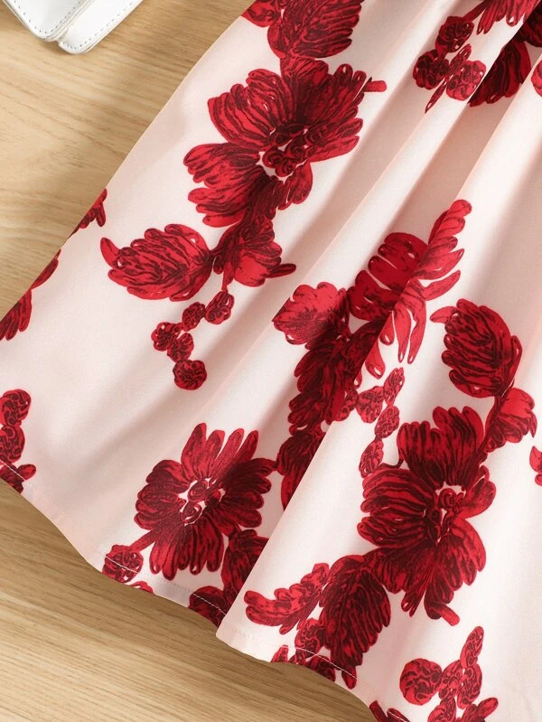 Chicas Vestido con estampado floral fruncido de cuello asimétrico - Imagen 3