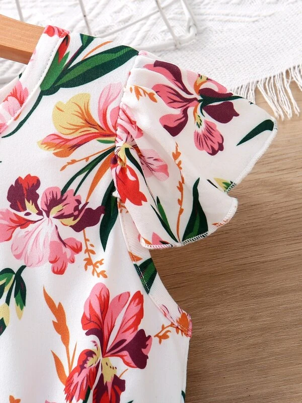 Niñas Vestido línea A con estampado floral de malla en contraste - Imagen 6