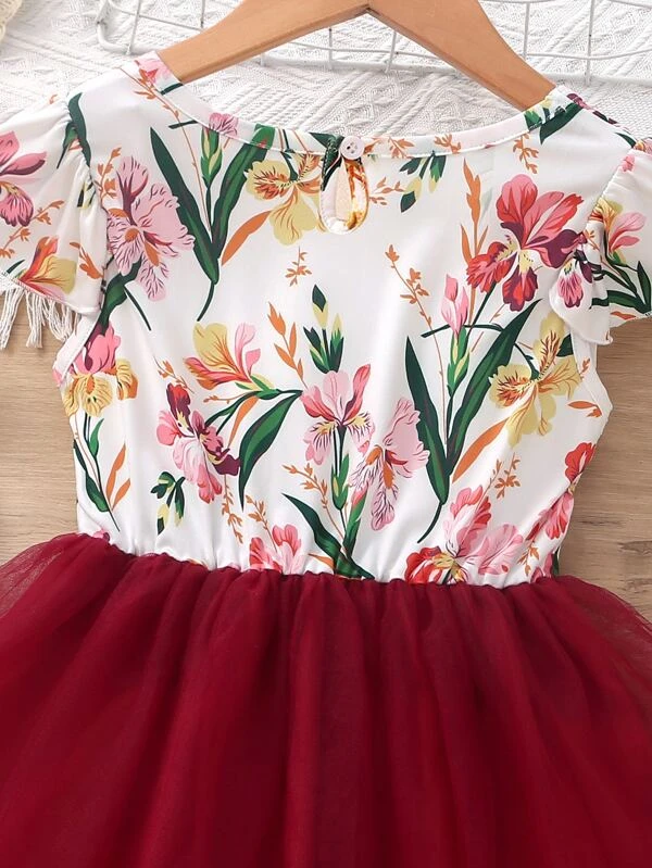 Niñas Vestido línea A con estampado floral de malla en contraste - Imagen 4