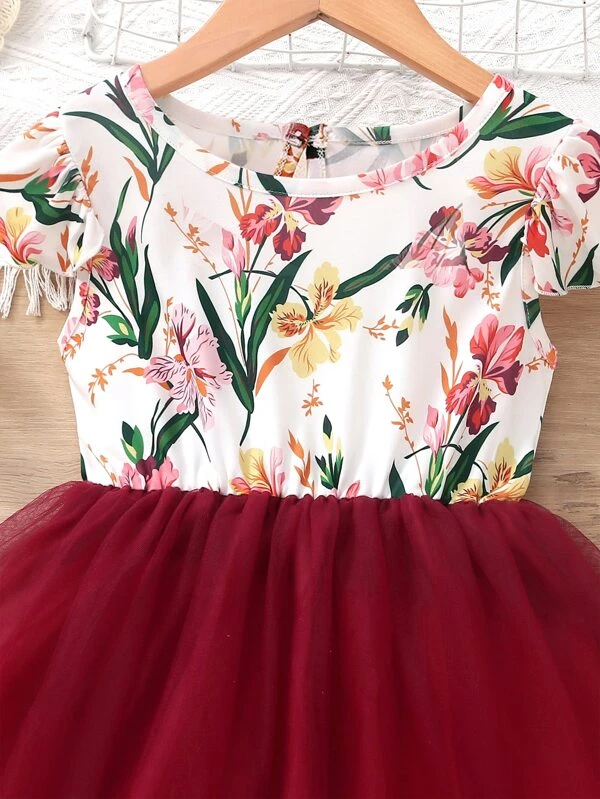 Niñas Vestido línea A con estampado floral de malla en contraste - Imagen 3
