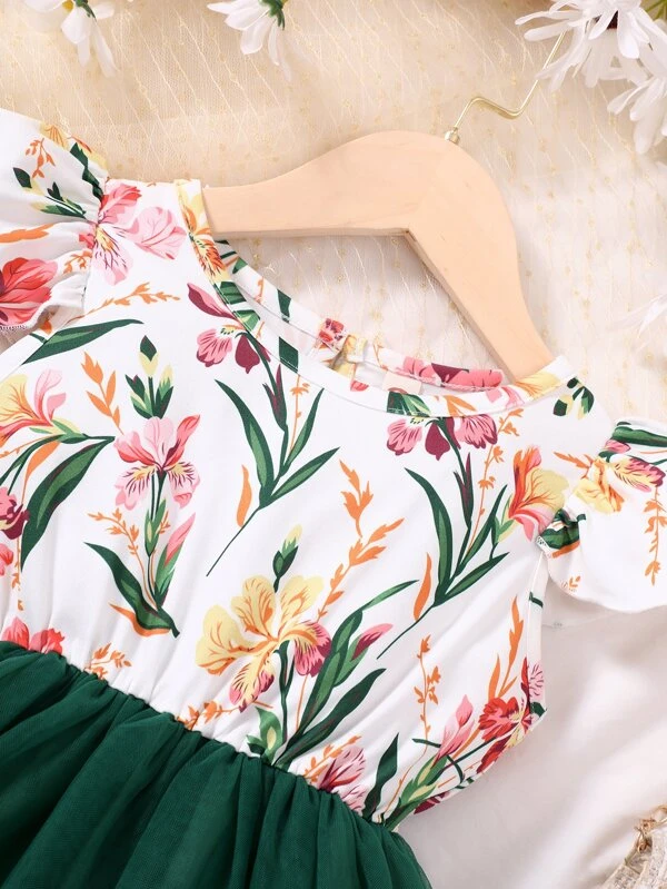 Niñas Vestido línea A con estampado floral de malla en contraste - Imagen 5
