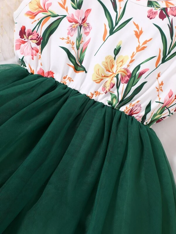 Niñas Vestido línea A con estampado floral de malla en contraste - Imagen 3
