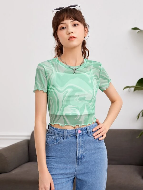 Chicas adolescentes con estampado de mármol ribete en forma de lechuga Camiseta & Top de tirantes - Imagen 5