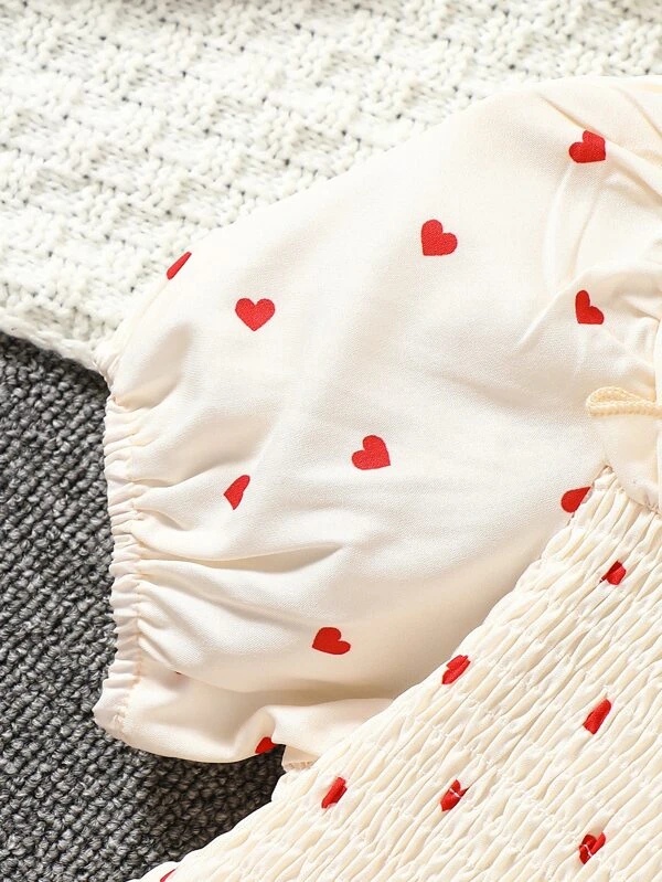 Vestido de princesa con estampado de corazones y dobladillo con volantes y mangas de burbujas para niñas pequeñas para el verano - Imagen 4