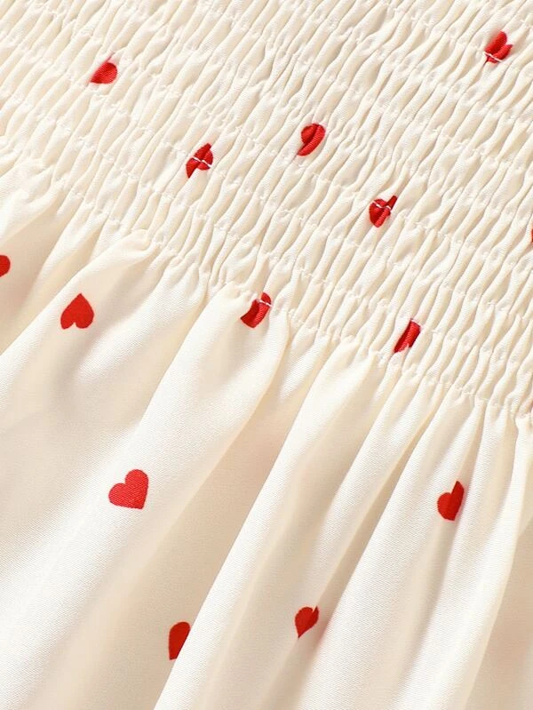 Vestido de princesa con estampado de corazones y dobladillo con volantes y mangas de burbujas para niñas pequeñas para el verano - Imagen 3