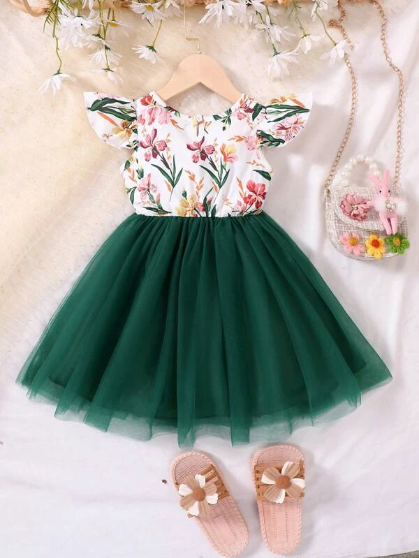 Niñas Vestido línea A con estampado floral de malla en contraste - Imagen 2