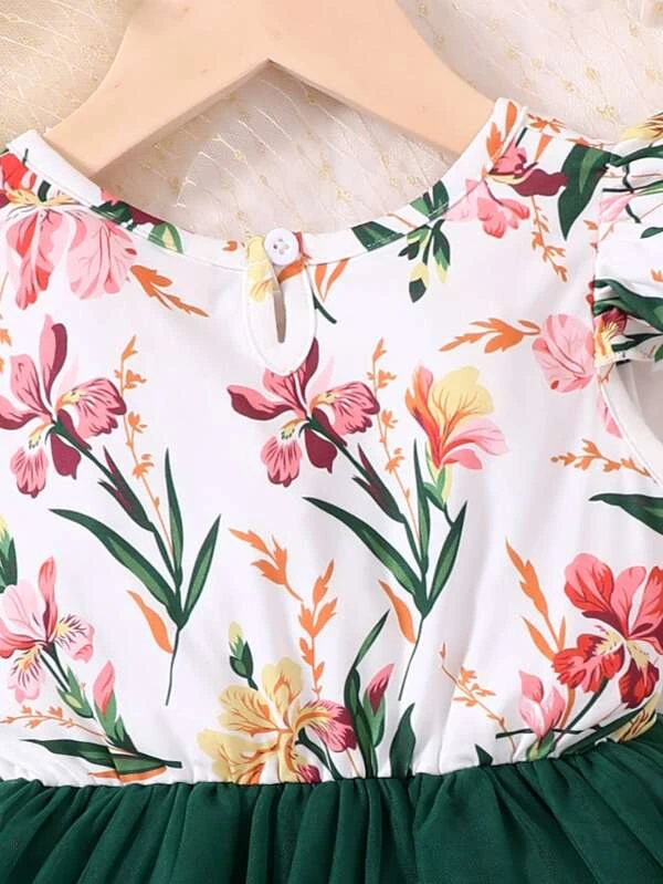 Niñas Vestido línea A con estampado floral de malla en contraste - Imagen 4