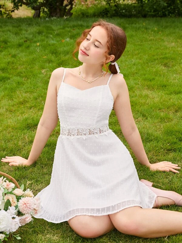 Chicas adolescentes Vestido de tirantes de lunares con encaje en contraste - Imagen 6